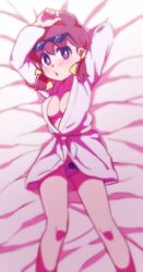  arm_behind_head bad_id bad_twitter_id bloom breasts brown_hair character_print cleavage eyewear_on_head female hair_ribbon hairband large_breasts looking_at_viewer low_twintails matsuno_karamatsu on_bed osomatsu-kun osomatsu-san osomatsu_(series) panties pink_eyes remotarou ribbon robe short_twintails solo sunglasses twintails underwear yowai_totoko 