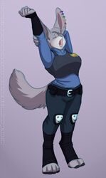  anthro arms_above_head biped buckteeth canid canine canis closed_eyes clothing cosplay digital_media_(artwork) ear_piercing female hi_res hybrid lagomorph lavenderpandy leporid mammal open_mouth piercing police police_uniform rabbit simple_background solo standing stretching teeth theblackrook tongue uniform wolf yawn 