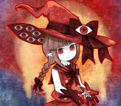  bad_id bad_pixiv_id blood bow bowtie braid brown_hair commentary_request eye_focus female full_moon funamusea gloves hat hat_bow moon muxiyou oounabara_to_wadanohara pale_skin pointy_ears red_eyes red_gloves red_theme sleeveless smile solo spoilers star_(symbol) twin_braids twintails upper_body wadanohara wadanohara_(red_sea) witch_hat 