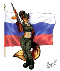  ak-74 anthro boots breasts brown_hair canid canine cleavage clothed clothing digital_media_(artwork) female finial flag flag_(object) flag_(shape) flag_background flag_design flag_patch flagpole footwear fox gun hair hat headgear headwear hi_res holding_gun holding_object holding_ranged_weapon holding_rifle holding_weapon mammal midriff navel patch_(fabric) ranged_weapon reaper3d red_fox rifle russian_flag shaded solo true_fox weapon yellow_eyes 