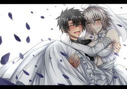  1boy :d ^_^ ahoge alternate_costume armpits bare_shoulders black_hair blush breasts bridal_veil bride carrying choker closed_eyes closed_mouth command_spell commentary_request couple dress elbow_gloves fate/grand_order fate_(series) female fujimaru_ritsuka_(male) fujimaru_ritsuka_(male)_(royal_brand) gloves grey_hair groom hair_between_eyes highres jeanne_d&#039;arc_alter_(avenger)_(fate) jeanne_d&#039;arc_alter_(fate) large_breasts letterboxed looking_at_viewer midriff navel open_mouth pale_skin petals princess_carry ribbon ribbon_choker sanmoto_gorouzaemon short_hair smile spiked_hair stomach straight veil wedding_dress white_dress white_gloves white_ribbon yellow_eyes 