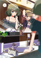  2girls applying_makeup bad_id bad_pixiv_id black_hair blue_eyes blurry brown_hair cosmetics green_eyes hat holding idolmaster idolmaster_cinderella_girls lipstick lipstick_tube long_hair makeup mirror multiple_girls photoshop_(medium) restroom short_hair takagaki_kaede yadokugaeru yamato_aki 