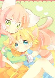  1boy animal_ears bad_id bad_pixiv_id blonde_hair blue_eyes cat_ears cat_tail female green_eyes hands_on_shoulders heart highres hug jinrui_wa_suitai_shimashita joshu-san long_hair long_sleeves looking_at_viewer nekoto_rina pink_hair polka_dot polka_dot_background tail watashi_(jintai) 