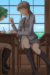  2girls ansatsu_kyoushitsu black_legwear black_necktie blunt_bangs bonnie_(rsg) brown_footwear chair classroom closed_mouth collared_shirt commentary_request day dress_shirt eyelashes green_eyes green_hair grey_hair grey_skirt holding holding_pencil indoors kataoka_megu kayano_kaede kneehighs kunugigaoka_middle_school_uniform light_smile loafers long_hair long_sleeves low_ponytail miniskirt multiple_girls necktie panties pantyshot pencil photoshop_(medium) pleated_skirt pointing profile purple_eyes school_uniform shirt shoes sitting skirt sky smile socks solo_focus underwear white_panties white_shirt window wooden_floor writing 