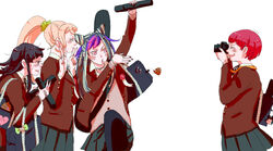  4girls bag black_hair blonde_hair blush brown_jacket camera choker closed_eyes commentary_request danganronpa_(series) danganronpa_2:_goodbye_despair ear_piercing freckles hope&#039;s_peak_academy_school_uniform jacket jewelry koizumi_mahiru lip_piercing long_hair minarei mioda_ibuki multicolored_hair multiple_girls open_mouth piercing ponytail red_hair ring saionji_hiyoko school_bag school_uniform short_hair skirt smile spoilers sweatdrop thumb_ring tsumiki_mikan v 