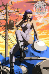  copyright_name cyborg female ghost_in_the_shell ghost_in_the_shell_stand_alone_complex jacket kit kusanagi_motoko military_vehicle powerlines purple_hair short_hair sitting tachikoma tank weapon 