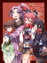  4girls alternate_costume amagaeru_(hylathewet) arms_around_neck bike_shorts black_gloves black_hair blush bow braid brown_eyes brown_hair closed_eyes commentary_request gloves grin hairbow hatsuharu_(kancolle) hatsushimo_(kancolle) highres hikimayu japanese_clothes kantai_collection kimono light_smile long_hair low_ponytail multiple_girls nenohi_(kancolle) obi open_mouth pink_hair purple_eyes purple_hair red_background red_eyes sash scarf short_hair smile translation_request wakaba_(kancolle) white_gloves yukata 