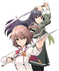  2girls black_hair breasts brown_hair commentary_request cowboy_shot etou_kanami hair_ribbon heijou_institute_school_uniform highres holding holding_sword holding_weapon juujou_hiyori katana long_hair looking_at_viewer minoseki_gakuin_uniform multiple_girls one_side_up pantyhose red_eyes ribbon saitou_sakae school_uniform serafuku simple_background small_breasts smile sword toji_no_miko unsheathed upper_body weapon white_background 