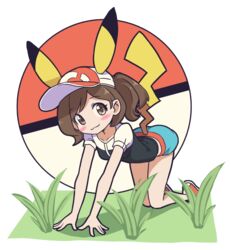  artist_apprentice ayumi_(pokemon) bare_legs baseball_cap black_shirt brown_eyes brown_hair creatures_(company) flat_chest game_freak gen_1_pokemon green_shorts hat lolicon looking_at_viewer nintendo pikachu pokemon pokemon_(game) pokemon_lgpe red_hat shirt short_shorts shorts solo 