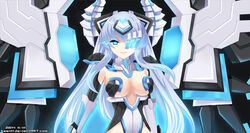  2014 artist_name blue_eyes blue_hair breasts cleavage commentary_request female grin horns kami_jigen_game_neptune_v keenh kiseijou_rei kiseijou_rei_(goddess_form) large_breasts long_hair neptune_(series) photoshop_(medium) smile solo symbol-shaped_pupils very_long_hair watermark web_address wings 