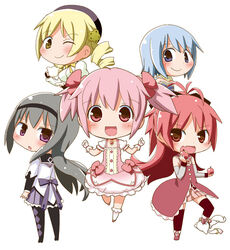  5girls :d :o ;) akemi_homura akemi_homura_(magical_girl) apple argyle_clothes argyle_legwear beret black_hair black_pantyhose black_thighhighs blonde_hair blue_eyes blue_hair breasts brown_eyes buttons chibi commentary_request cup drill_hair eating food fruit gerotan hat kaname_madoka kaname_madoka_(magical_girl) kyuubee long_hair looking_at_viewer looking_back magical_girl mahou_shoujo_madoka_magica mahou_shoujo_madoka_magica_(anime) medium_breasts miki_sayaka miki_sayaka_(magical_girl) multiple_girls one_eye_closed open_mouth pantyhose pink_eyes pink_hair ponytail puffy_short_sleeves puffy_sleeves purple_eyes red_eyes red_hair sakura_kyoko sakura_kyoko_(magical_girl) short_hair short_sleeves short_twintails simple_background skirt smile standing teacup thighhighs tomoe_mami tomoe_mami_(magical_girl) twintails white_background yellow_eyes 