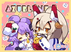  2girls animal_ears anthro ayanami_(azur_lane) azur_lane blonde_hair bow chibi christmas collar hat hms_unicorn_(azur_lane) long_hair muuran orange_eyes ponytail purple_eyes purple_hair santa_hat seifuku wink 