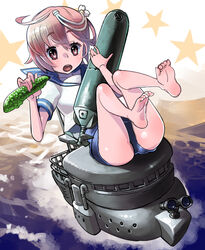  12_(xaenedju) ahoge barefoot blush brown_eyes brown_hair commentary_request feet female flower full_body hair_flower hair_ornament i-58_(kancolle) kantai_collection legs_up looking_at_viewer open_mouth school_swimsuit school_uniform serafuku short_hair sitting soles solo swimsuit swimsuit_under_clothes torpedo 