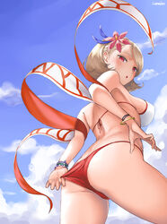  :o ass azur_lane bikini bikini_pull blonde_hair bracelet breasts clothes_pull cloud commentary_request curry_soba day female flower from_below from_side hair_flower hair_ornament highres jewelry large_breasts outdoors prince_of_wales_(azur_lane) pulling_own_clothes red_eyes short_hair sideboob sky solo string_bikini swimsuit underboob 