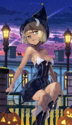  aqua_eyes black_dress blonde_hair boots breasts cleavage commentary_request dark-skinned_female dark_skin demon_girl demon_tail dress feline female halloween hat horns knee_boots lamppost medium_breasts night night_sky original pointy_ears short_hair sitting sky smirk solo strapless strapless_dress tail toro_(konirio) 