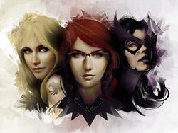  barbara_gordon batman_(series) black_canary black_hair blonde_hair dc_comics glasses gradient gradient_background green_eyes helena_bertinelli huntress mask multiple_girls oracle red-framed_glasses red_hair semi-rimless_glasses tattoo trio 