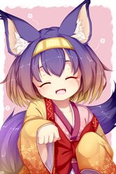  :d animal_ear_fluff animal_ears blonde_hair closed_eyes commentary_request facing_viewer fangs female floral_print fox_ears fox_tail gradient_hair hairband hatsuse_izuna highres japanese_clothes kimono multicolored_hair no_game_no_life open_mouth paw_pose psychopath_idiot purple_hair short_hair sleeves_past_wrists smile solo tail two-tone_hair wide_sleeves yellow_hairband 