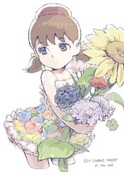  brown_eyes brown_hair carnation clover commentary_request cowboy_shot cropped_legs dated dress female flower four-leaf_clover hair_ribbon hairband hydrangea lavender_(flower) looking_to_the_side low_twintails o-yuki osomatsu-kun osomatsu-san osomatsu_(series) ribbon rose short_twintails six_shame_faces sleeveless sleeveless_dress solo sunflower tulip twintails yowai_totoko 