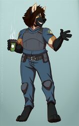  anthro beverage canid canine clothed clothing coffee digital_media_(artwork) food hi_res lavenderpandy male mammal police police_uniform simple_background smile solo teeth theblackrook uniform 