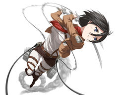  bad_id bad_pixiv_id belt black_hair blue_eyes boots dashing dual_wielding emblem female holding jacket mikasa_ackerman paradis_military_uniform scar scarf seven_(11) shingeki_no_kyojin short_hair solo survey_corps_(emblem) sword thigh_strap three-dimensional_maneuver_gear weapon 