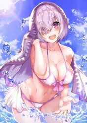  :d ass_visible_through_thighs bare_arms bare_shoulders bikini blanket blue_sky bow breasts cleavage cloud collarbone commentary_request covered_nipples day eyes_visible_through_hair fate/grand_order fate_(series) female front-tie_bikini_top front-tie_top hair_over_one_eye head_tilt highres large_breasts leaning_forward lens_flare light_rays mash_kyrielight mash_kyrielight_(swimsuit_of_perpetual_summer) navel nigouu official_alternate_costume open_mouth outdoors pink_bow pink_hair purple_eyes round_teeth short_hair side-tie_bikini_bottom sky smile solo splashing standing stmast stomach sunbeam sunlight swimsuit tareme teeth thighs wading water water_drop white_bikini 