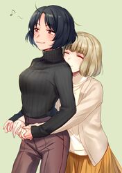  2girls ^_^ ahoge bad_id bad_pixiv_id black_hair blonde_hair bob_cut breasts cardigan closed_eyes eighth_note eyebrows holding_hands hug hug_from_behind humming kumagai_yuuko large_breasts maruishi multiple_girls musical_note nasu_rei open_cardigan open_clothes pants red_eyes ribbed_sweater short_hair simple_background skirt smile standing sweater turtleneck world_trigger yuri 