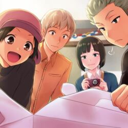  3boys :d bad_id bad_pixiv_id betsuyaku_taichi black_eyes black_hair blonde_hair blue_eyes box brown_eyes camera closed_mouth collared_shirt dress_shirt female frown green_eyes grey_hair hat holding holding_camera jacket kon_yuka kuruma_tatsuya long_sleeves maruishi multiple_boys murakami_kou open_mouth orange_shirt paper_chain shirt short_hair sign smile white_hair white_shirt world_trigger 