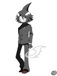  1boy bad_id bad_pixiv_id business_suit cigarette fins formal full_body funamusea gloves greyscale ice_scream idate_(funamusea) male_focus monochrome muxiyou orca shoes simple_background smile smoke solo spot_color suit white_background 