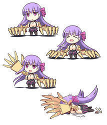  &gt;_&lt; breasts chibi closed_eyes fate/extra_ccc fate_(series) hair_ornament large_breasts long_hair open_mouth pantyhose passion_lip pink_eyes purple_hair ribbon shorts tears 