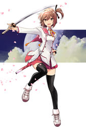  :d black_thighhighs breasts brown_eyes brown_hair cherry_blossoms commentary_request etou_kanami female full_body hair_ribbon highres holding holding_sword holding_weapon katana looking_at_viewer minoseki_gakuin_uniform one_side_up open_mouth pleated_skirt red_skirt ribbon saitou_sakae school_uniform shoes short_hair skirt small_breasts smile sneakers solo sword thighhighs toji_no_miko unsheathed weapon 