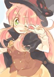  :d alternate_costume bad_id bad_pixiv_id cape costume female green_eyes hat jinrui_wa_suitai_shimashita long_hair long_sleeves looking_at_viewer mask messy_hair nekoto_rina one_eye_closed open_mouth pink_hair smile top_hat v vest watashi_(jintai) 