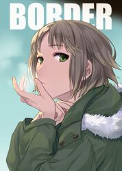  1boy bad_id bad_pixiv_id buttons closed_mouth cloud ema_yuzuru english_text eyebrows eyelashes frown fur_trim green_eyes head_rest hood hood_down hooded_jacket jacket long_sleeves looking_at_viewer male_focus maruishi solo upper_body winter_clothes world_trigger 