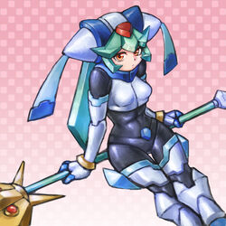  android bad_id bad_pixiv_id bodysuit bracelet breasts commentary_request drill_(emilio) female green_hair helmet highres holding holding_staff jewelry legs_together looking_at_viewer looking_to_the_side medium_breasts mega_man_(series) mega_man_zx model_w_(mega_man) object_riding orange_eyes pandora_(mega_man) patterned_background photoshop_(medium) polka_dot polka_dot_background sitting skin_tight spandex staff tight_clothes 