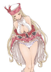  bare_shoulders blonde_hair breasts center_opening cleavage clothes_lift commentary_request diola_(granblue_fantasy) female fur_hat granblue_fantasy green_eyes hat highres huge_breasts innerboob nokinhizadati panties photoshop_(medium) skirt skirt_lift solo underwear 