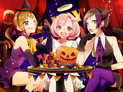  3girls ayase_naru bad_id bad_pixiv_id blue_eyes brown_eyes brown_hair fukuhara_ann halloween hat horns ioko multiple_girls pink_hair pretty_rhythm pretty_rhythm_rainbow_live pretty_series suzuno_ito thighhighs 