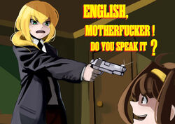  2girls absurdres aiming blonde_hair brown_eyes brown_hair cosplay ellen_baker english_motherfucker_do_you_speak_it_(meme) english_text formal green_eyes gun hairband handgun highres imageboard_desourced jules_winnfield jules_winnfield_(cosplay) kantai_collection kion-kun kongou_(kancolle) low_ponytail meme multiple_girls necktie new_horizon non-web_source parody profanity pulp_fiction suit weapon 