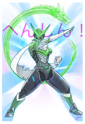  1boy armor artist_name commentary crossover dragon eastern_dragon emphasis_lines english_commentary genji_(overwatch) helmet henshin_pose highres kamen_rider kamen_rider_1 male_focus mask official_alternate_costume overwatch overwatch_1 photoshop_(medium) pose power_armor scarf sentai_genji solo tokusatsu wallace_pires 