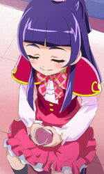  blush capelet closed_eyes female haruyama_kazunori izayoi_liko long_hair magic_school_uniform mahou_girls_precure! precure purple_hair school_uniform sitting skirt smile solo 