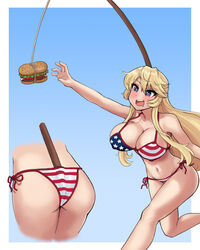  american_flag american_flag_bikini american_flag_print ass bikini blonde_hair blue_background blue_eyes breasts burger carrot_on_stick chasing cleavage commentary cowboy_shot donburi_(donburikazoku) drooling female fishing_rod flag_print food gradient_background hanging_food heart heart-shaped_pupils highres inset iowa_(kancolle) kantai_collection large_breasts long_hair open_mouth photoshop_(medium) print_bikini running side-tie_bikini_bottom smile solo star_(symbol) swimsuit symbol-shaped_pupils 