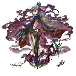  ass aura back_cutout backless_outfit between_fingers black_bodysuit black_footwear bodysuit brown_hair closed_mouth clothing_cutout commentary_request female full_body gyakuten_othellonia hair_ornament high_heels holding holding_weapon long_hair long_sleeves looking_at_viewer looking_back official_art ponytail ran&#039;ou_(tamago_no_kimi) red_eyes shoes short_sword solo standing sword weapon white_background wide_sleeves 