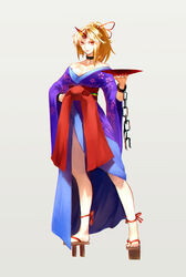  alternate_costume alternate_hairstyle bare_shoulders blonde_hair blue_dress breasts chains cleavage collar collarbone commentary_request cuffs cup dress female floral_print full_body geta grey_background hair_ribbon highres horns hoshiguma_yuugi hoshiguma_yuugi_(kimono) japanese_clothes kimono kinketsu large_breasts leg_ribbon lips long_sleeves looking_at_viewer nail_polish obi off_shoulder ponytail red_eyes ribbon sakazuki sash simple_background single_horn smile solo spikes standing star_(symbol) toenail_polish toenails touhou wide_sleeves 