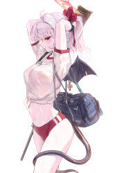  absurdres bag blue_archive blue_bag blush bow buruma closed_mouth demon_girl demon_tail demon_wings female gun hairbow hands_in_own_hair haruna_(blue_archive) haruna_(track)_(blue_archive) headband highres holding holding_bag holding_gun holding_weapon navel official_alternate_costume official_alternate_hairstyle ponytail red_bow red_buruma red_eyes rifle shirt single_wing smile solo stomach sunnysideup sweat tail tail_around_own_leg tied_shirt weapon wet wet_clothes wet_shirt white_headband white_shirt wings 