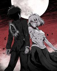  1boy absurdres ahoge arcueid_brunestud battle battle_damage black_hair blood blood_on_clothes blood_on_face breasts crazy_eyes crazy_smile dark_persona drizzwryyy female fighting_stance floating_clothes floating_hair full_moon highres hole_in_chest hole_on_body impaled jewelry large_breasts looking_at_another monochrome moon necklace red_arcueid red_eyes red_sky school_uniform short_hair skirt sky smile souya_high_school_uniform sweater tohno_shiki torn_clothes tsukihime tsukihime_(remake) turtleneck turtleneck_sweater vampire 
