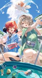  2girls absurdres au_ra blue_eyes breasts brown_hair dragon_girl dragon_horns dragon_tail final_fantasy final_fantasy_xiv fish goldfish goldfish_scooping great_serpent_of_ronka headband highres horns japanese_clothes kimono korpokkur_(final_fantasy) moogle multiple_girls namazu_(final_fantasy) obi outrunner_(ff14) poi_(goldfish_scoop) red_hair sash scales shikina_(mochigushi_) short_hair signature tail warrior_of_light_(ff14) yellow_eyes yukata 