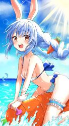  animal animal_ear_fluff animal_ears bare_shoulders bikini blue_sky blush braid breasts brown_eyes carrot_hair_ornament cleavage cloud commentary_request day dolphin feet_out_of_frame female floating_hair food-themed_hair_ornament hair_ornament highres hololive horizon kiritoma long_hair looking_at_viewer medium_breasts open_mouth outdoors rabbit-shaped_pupils rabbit_ears sky solo splashing striped_bikini striped_clothes sun swimsuit symbol-shaped_pupils teeth twin_braids twintails upper_teeth_only usada_pekora very_long_hair virtual_youtuber water white_bikini 