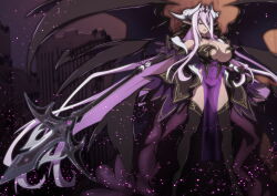  absurdly_long_hair absurdres aoi_tabane armor bare_shoulders black_sclera black_thighhighs black_wings breasts castle choker cleavage colored_sclera corruption covered_navel crown dark-skinned_female dark_persona dark_skin demon_girl demon_horns demon_tail demon_wings dress female full_body gloves hair_between_eyes high_heels highres holding holding_polearm holding_weapon horns huge_breasts kouyoku_senki_exs-tia large_breasts long_hair looking_at_viewer luxiel_(kouyoku_senki_exs-tia) multiple_wings open_mouth oversized_wings pelvic_curtain pink_hair pointy_ears polearm purple_dress purple_eyes purple_hair see-through_clothes solo spear standing tail thighhighs very_long_hair weapon wings 