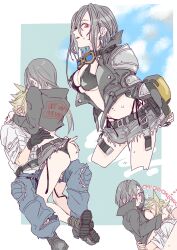  1boy ass baseball_cap belt between_breasts bikini black_bikini black_gloves black_hair black_jacket blonde_hair blue_pants blue_sky blush breast_pillow breasts cleavage closed_eyes cloud cloud_strife cloud_strife_(rider_style) cloudy_sky commentary_request couple cowboy_shot cropped_legs earrings female final_fantasy final_fantasy_vii final_fantasy_vii_ever_crisis frayed_skirt full_body gloves goggles goggles_around_neck grey_skirt hand_on_another&#039;s_ass hand_on_another&#039;s_waist hat head_between_breasts heart highleg highleg_bikini highres hug jacket jewelry large_breasts leg_lock long_hair miniskirt multiple_views navel official_alternate_costume open_clothes open_jacket oshibainoticket pants parted_lips red_eyes shirt side-tie_bikini_bottom single_earring sitting sitting_on_lap sitting_on_leg sitting_on_person skirt sky spiked_hair stomach straight swimsuit tifa_lockhart tifa_lockhart_(lifeguard) torn_clothes torn_pants torn_shirt unworn_hat unworn_headwear upper_body wet white_shirt 