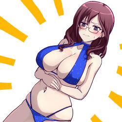  bikini blue_bikini blush breasts cleavage closed_mouth collarbone commentary_request female glasses hands_on_own_stomach highres hitofudegaki_usagi idolmaster idolmaster_cinderella_girls large_breasts long_hair navel purple_eyes purple_hair simple_background skindentation stomach swimsuit white_background yagami_makino 