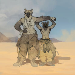  anthro armpit_hair body_hair bottomwear clothing duo female footwear hi_res holding_arm hyena infezmite larger_female male male/female mammal muscular muscular_female pants shirtless_male shoes size_difference smaller_male spotted_hyena torn_clothing 