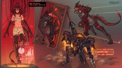  absurdres armored_core armored_core_vi:_fires_of_rubicon bar_chart brown_background budget_sarashi chest_sarashi claws closed_eyes collar commentary commission dragon_girl dragon_horns dragon_tail english_commentary english_text explosion female graph grey_background grin harpoon highres holding_harpoon hologram horns laser long_hair lorem_ipsum lying mecha mechanical_arms mechanical_legs mechanical_tail metal_collar midriff multiple_views muzzle_(mask) navel on_side original pie_chart rattlegeist red_background red_hair robot sarashi sharp_teeth smile tail teeth 